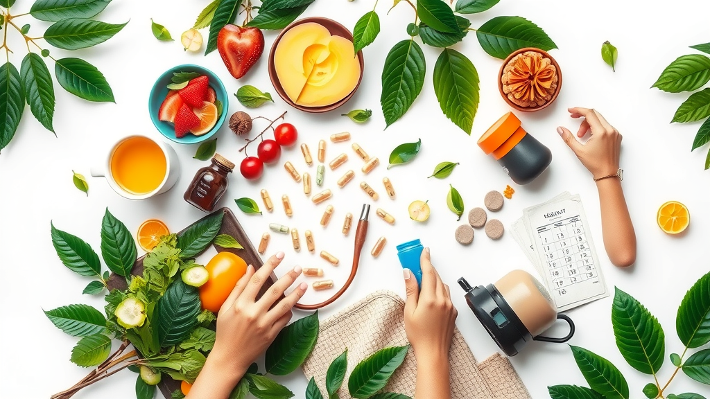 lifestyle change for high blood pressure collage: supplements, healthy meals, exercise, stress relief