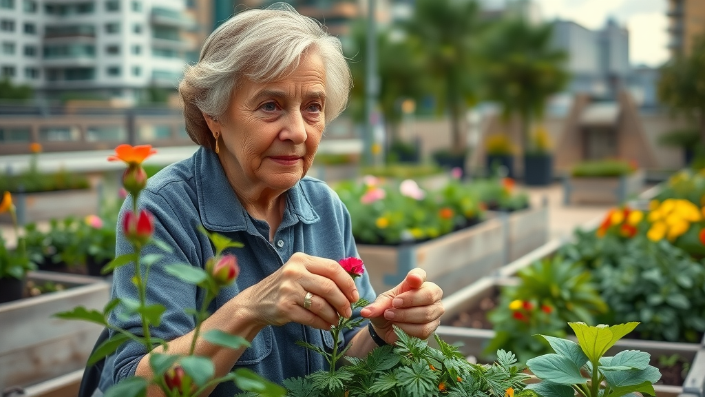 inspiring older adult woman healthy aging gardening in an accessible urban garden with vibrant plants