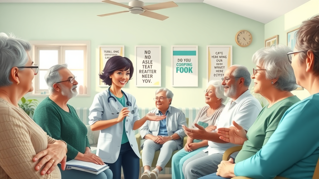 Health professional explaining coping techniques to seniors for anxiety management in a bright educational setting.