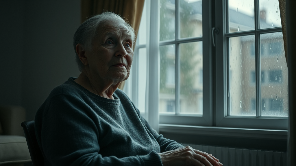 senior mental health lonely elder sitting by window