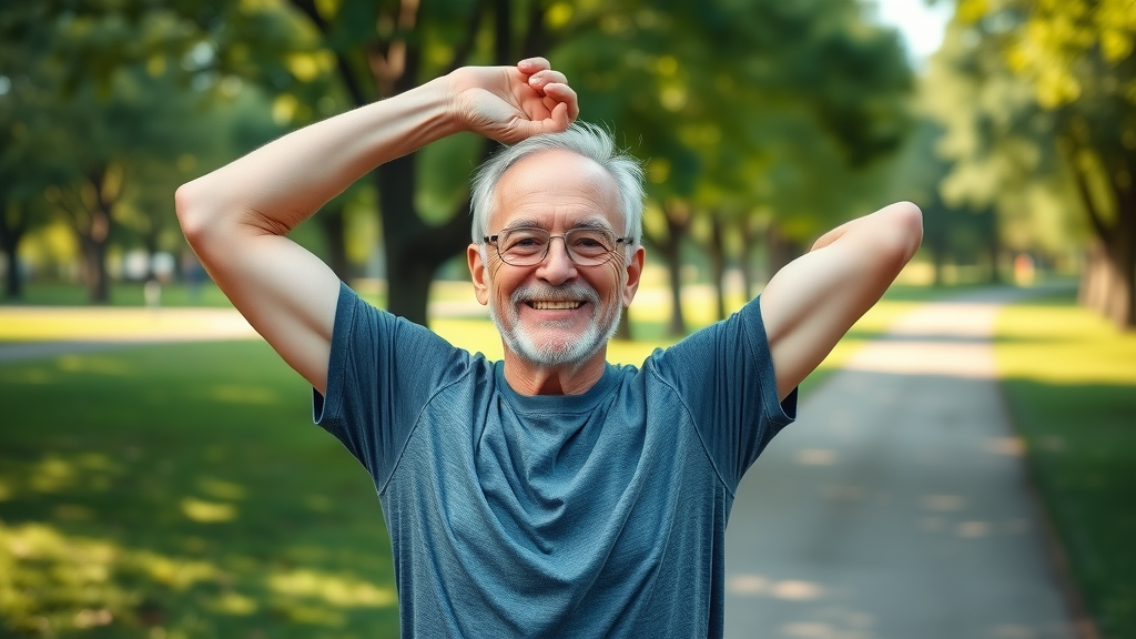 prostate health exercise, older man stretching in sunny park