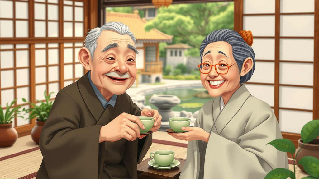 elderly Japanese centenarian couple drinking green tea, peaceful anti-aging strategies in traditional home
