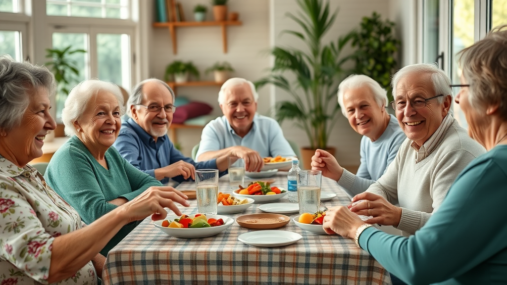 aging and nutrition vibrant mixed group of seniors enjoying a lively community meal together