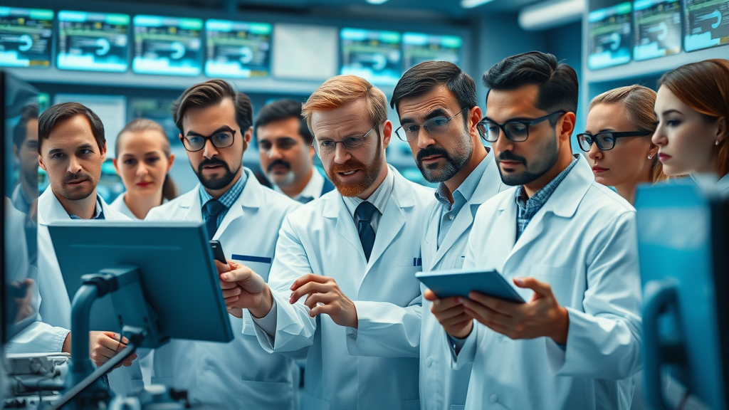 Longevity research scientists examining data in a high-tech laboratory