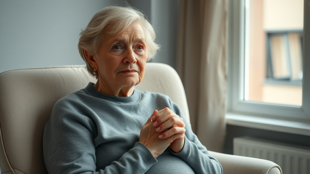Realistic elderly woman with worried expression, demonstrating physical and emotional anxiety symptoms in a serene home environment.