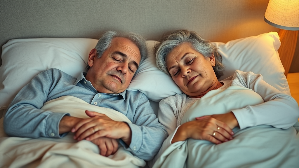 sleep habits of older adults, elderly couple peacefully sleeping together in bed, cozy bedroom, warm ambient lamp lighting