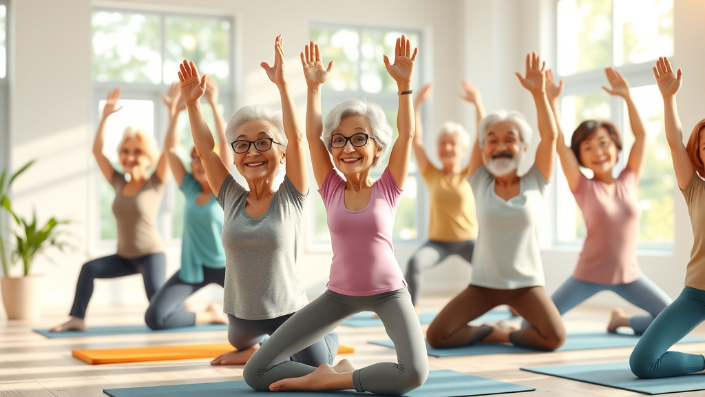 group of active older adults practicing yoga for anti-aging strategies, stretching in bright studio