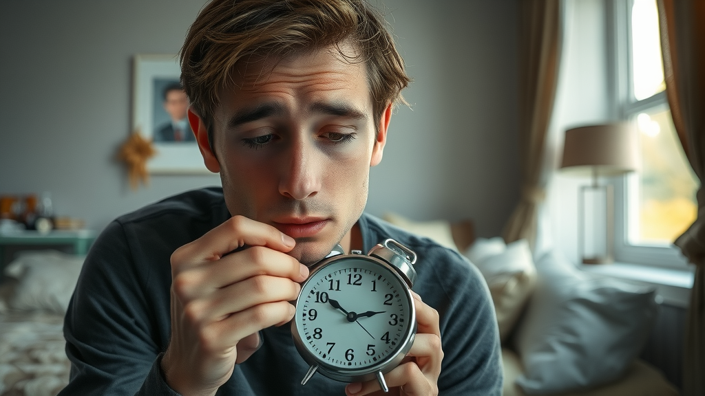groggy individual looking at alarm clock contrasted with peaceful person in tidy bedroom, sleep quality vs quantity for cognitive performance