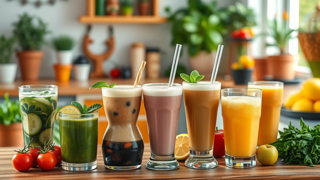drinks to lose weight in a beautiful sunlit kitchen with fresh fruit and herbs on a wooden table