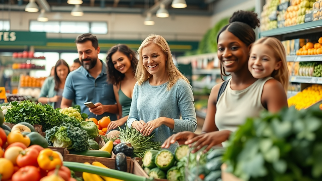 how to get a flat stomach in a healthy lifestyle setting, diverse adults shopping for fruits and vegetables
