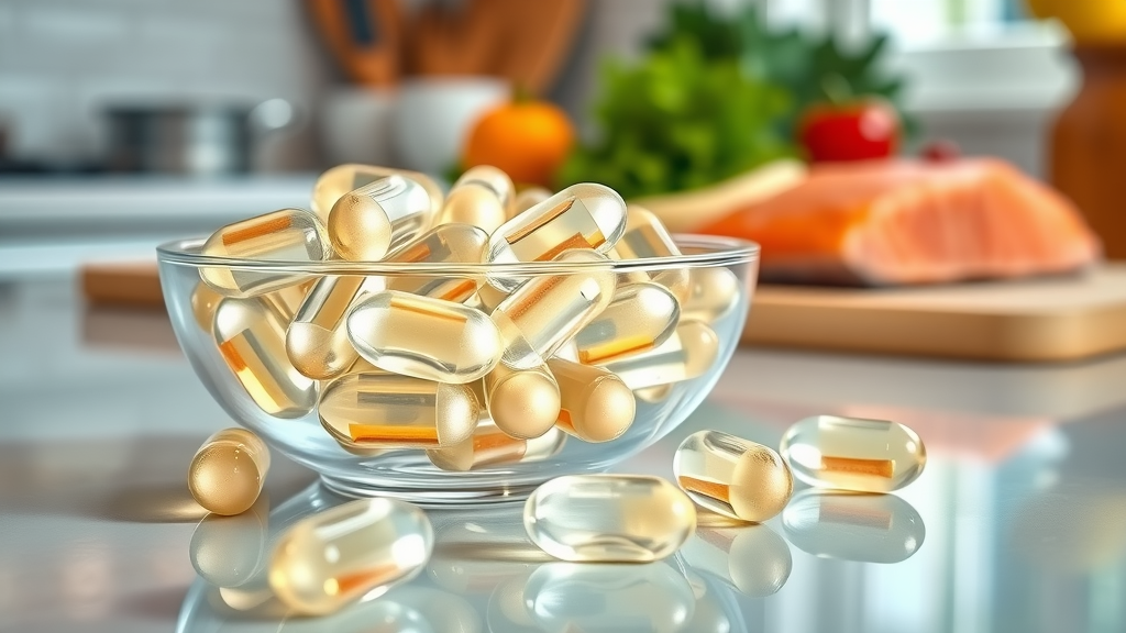 omega-3 fish oil supplement softgels shining on countertop near salmon and vegetables