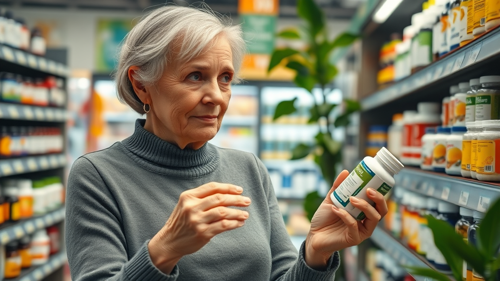 Elderly woman reading supplement labels for natural high blood pressure supplements