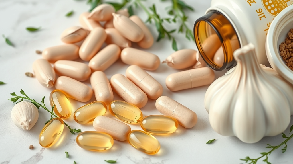 garlic extract and coq10 supplements for high blood pressure on marble with herbs