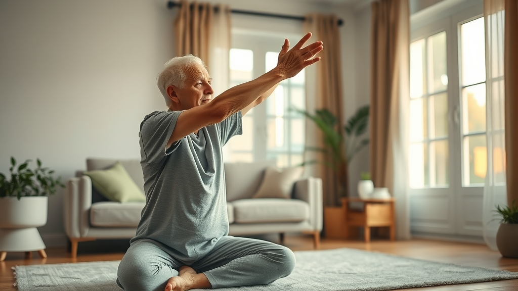 Tranquil elderly person practicing gentle stretching for better sleep and mental health in older adults