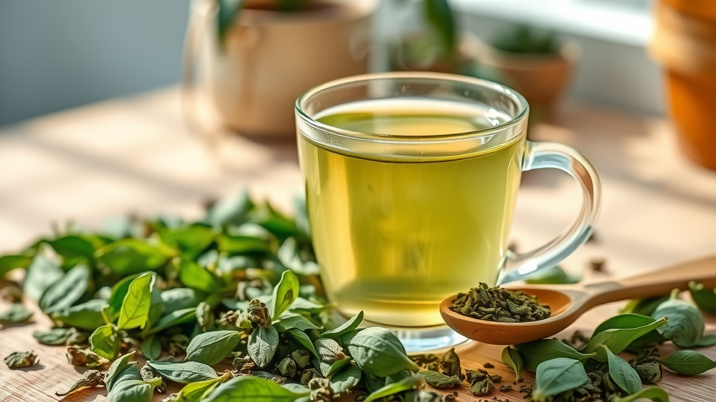 Glass cup of green tea and green tea extract as supplement for losing belly fat