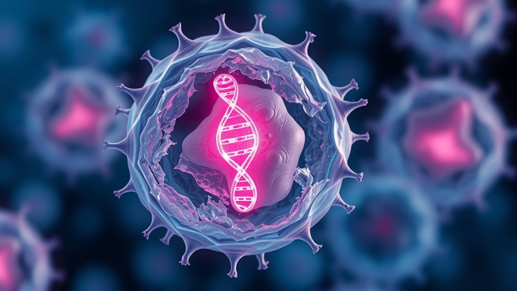 Microscopic view of aging human cell with DNA strands and damaged nucleus