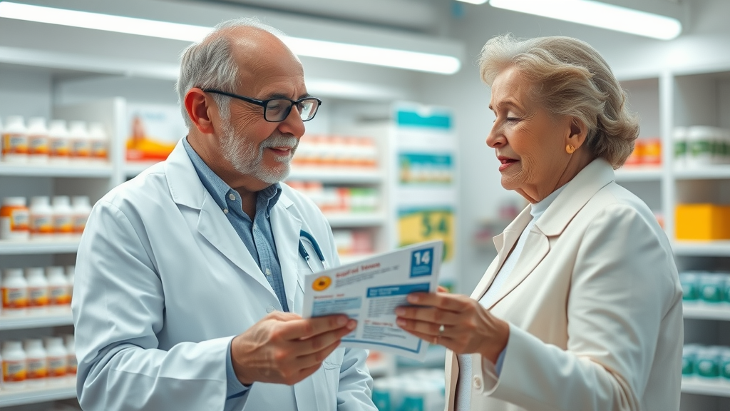 Senior pharmacist advising elderly woman on nutritional supplements for seniors at pharmacy counter.