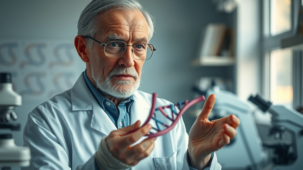 Elderly scientist explaining biological aging process with DNA model in laboratory