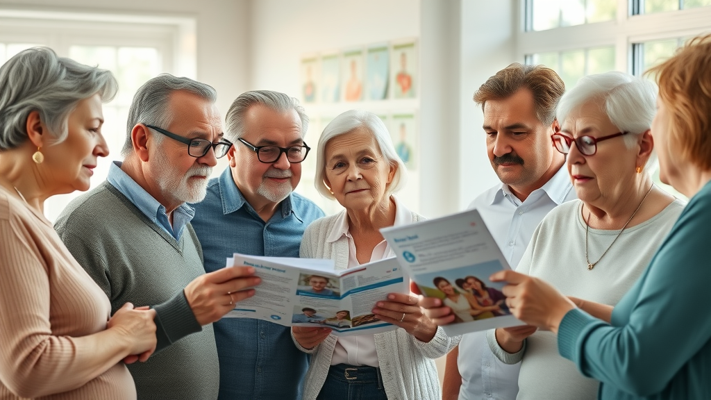 senior mental health diverse group reviewing health pamphlets