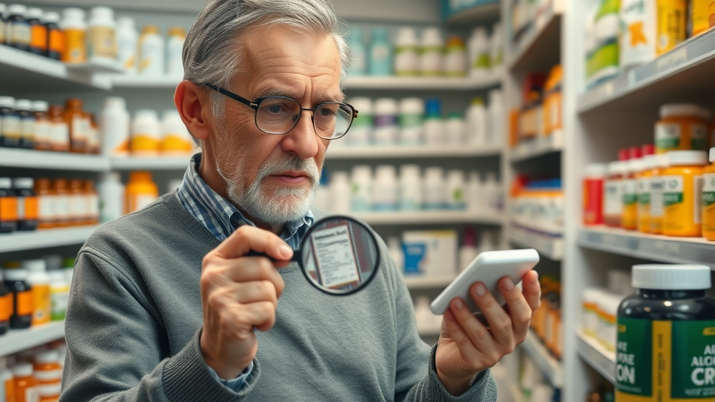 senior analyzing burn belly fat pill ingredient lists at pharmacy shelf, focused on quality and safety in supplements