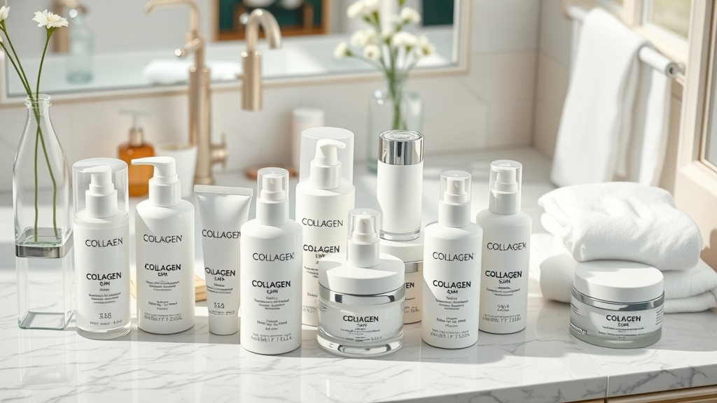 Trendy flat lay of popular collagen skin care products, arranged in a clean marble vanity setting, collagen for skin care
