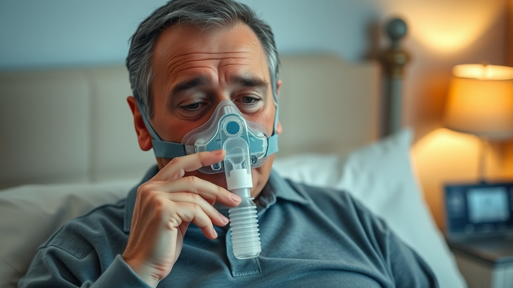 man fitting CPAP sleep apnea mask for improved cognitive function in warmly lit bedroom
