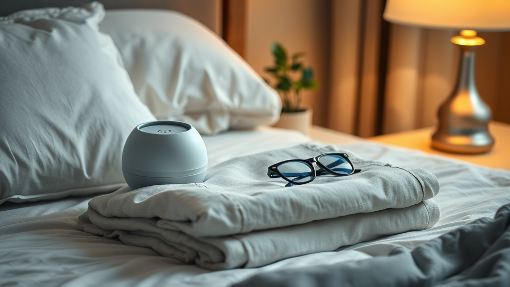 bedside table with white noise machine, weighted blanket, and blue light blocking glasses supporting strategies for improved senior sleep quality