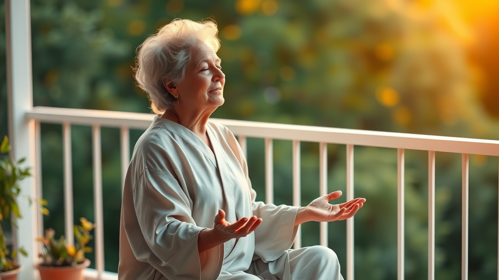 elderly woman meditating for insomnia in seniors, practicing mindfulness on balcony at sunrise
