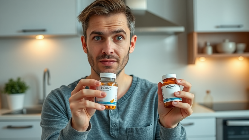 Health enthusiast examining supplement bottles for longevity research