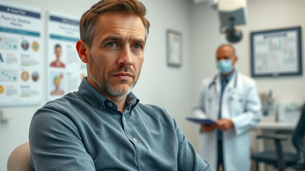 concerned adult male discussing low testosterone with doctor in modern clinic - low testosterone diagnosis conversation