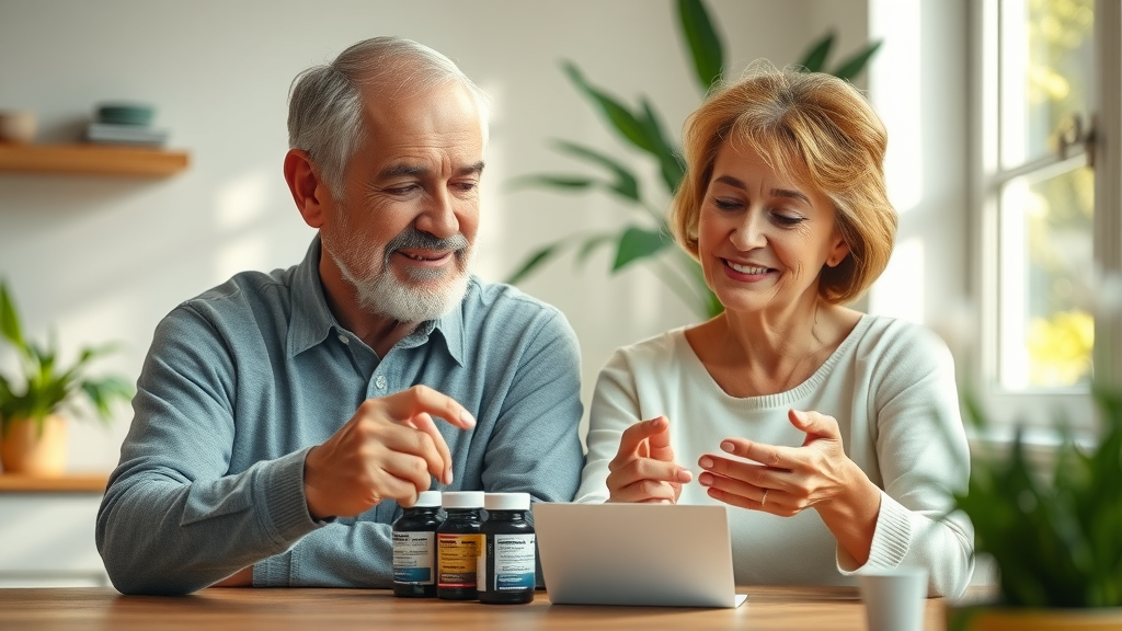natural supplements for high blood pressure middle-aged couple reviewing supplement bottles in sunlit kitchen environment