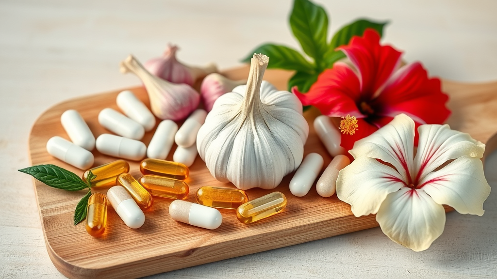 Magnesium capsules, garlic cloves, omega-3, CoQ10, and hibiscus as natural high blood pressure supplements