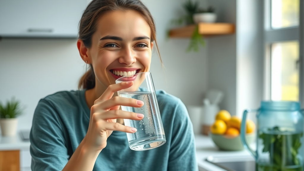 smiling person drinking water in kitchen - hydration aids weight loss naturally