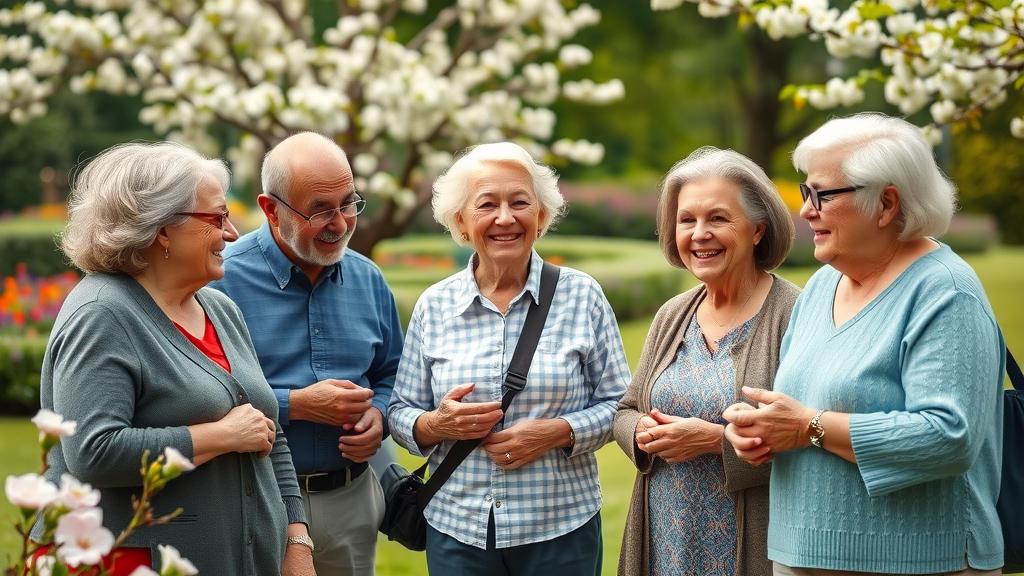 Healthy aging and longevity in a vibrant diverse group of older adults enjoying casual conversation outdoors in a lush park