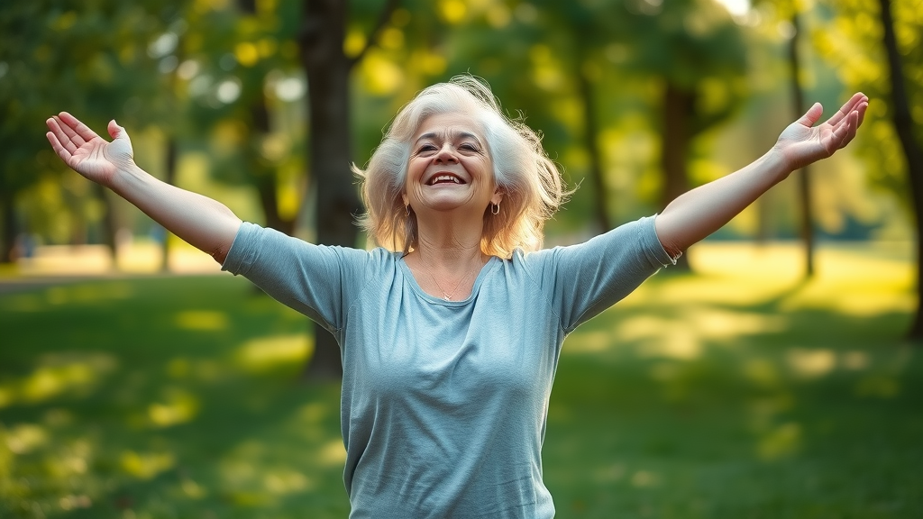 Energetic senior woman practicing physical activity and healthy aging through yoga in a sunny park