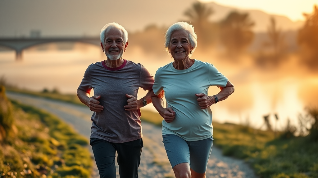 Healthy lifestyle for seniors: active elderly couple jogging at sunrise, promoting physical activity for longevity