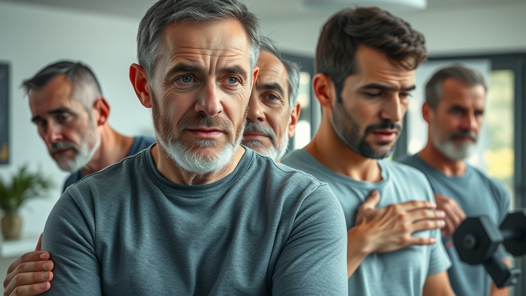 men showing visible symptoms of low testosterone including fatigue and mood changes