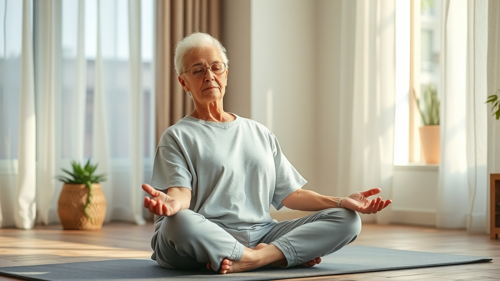 relaxed older adult healthy aging meditating on a yoga mat in serene home setting