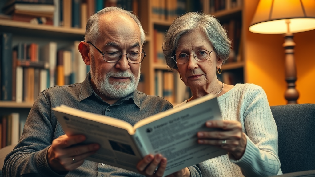 Insightful elderly man and woman reading booklet about anxiety management in seniors in a cozy library corner.
