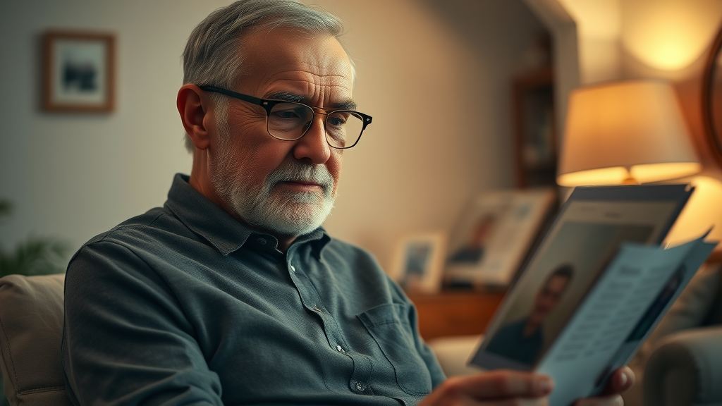 Compassionate senior man reflecting on anxiety triggers in older adults by looking at a family photo in a warm living room.