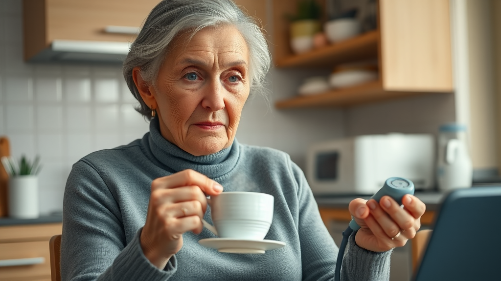 Attentive senior woman checking blood pressure at home for chronic disease prevention