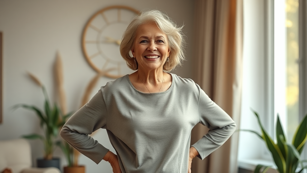 confident mature woman experiencing menopause relief with natural supplements, standing with hands on hips in a warm, welcoming home