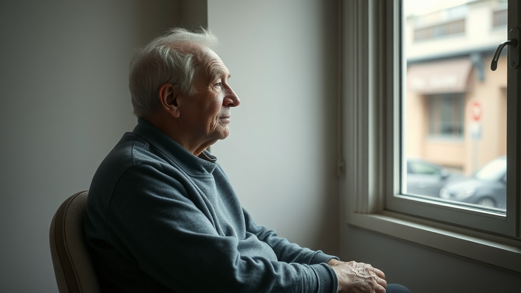 Social isolation in older adults: elderly person sitting alone by window, highlighting risk factors for healthy aging