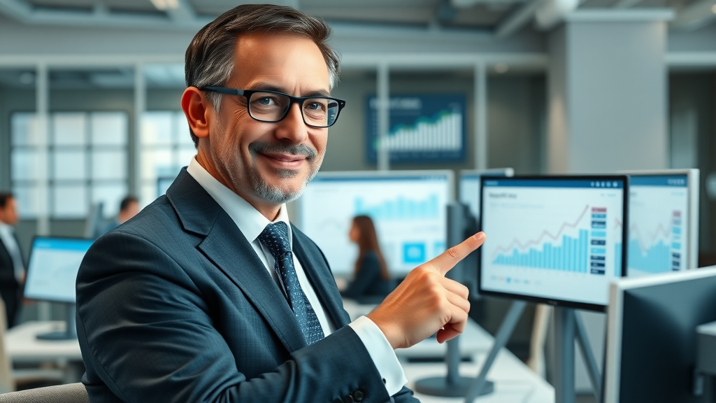 confident lawyer analyzing automated KPI dashboard for law office automation productivity gains, modern office setting