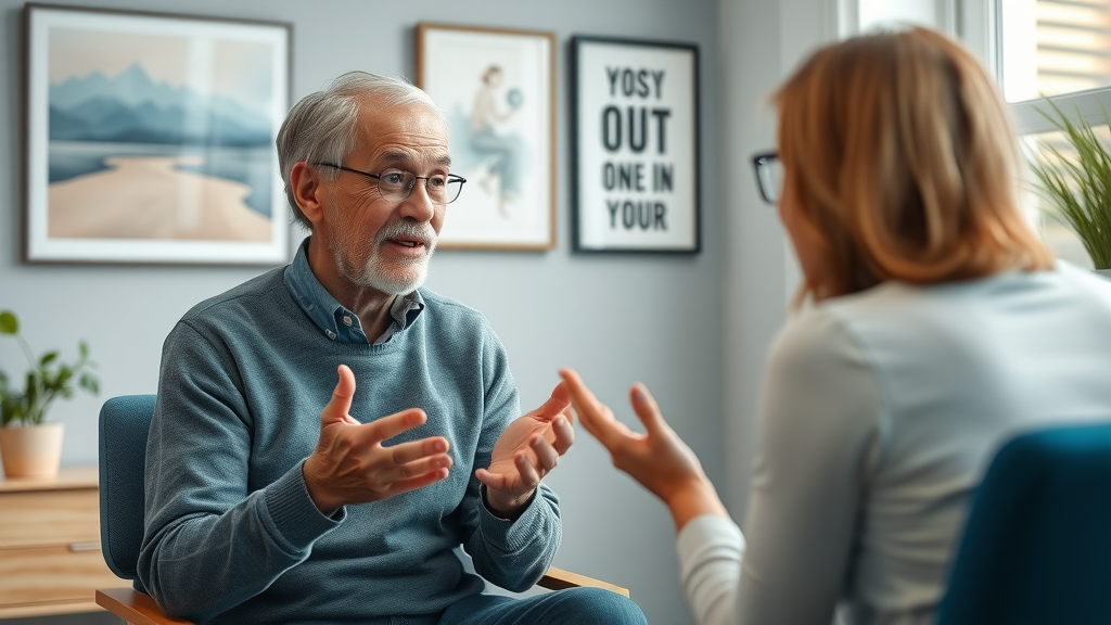 Senior man in a CBT therapy session for anxiety management in seniors with a supportive therapist in a calming counseling room.