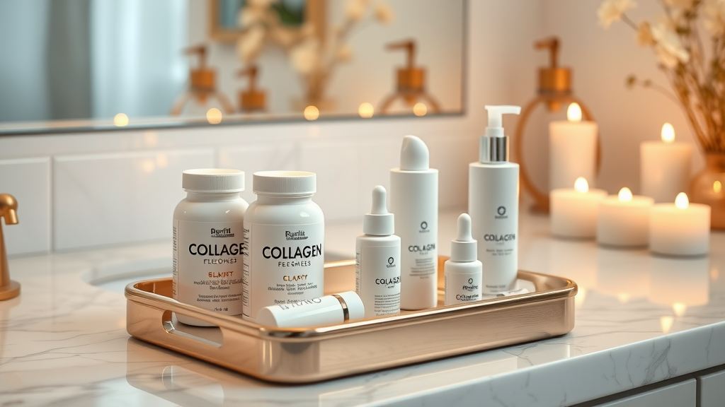 Collection of collagen supplements and beauty products, collagen for skin care, beauty journey motivation