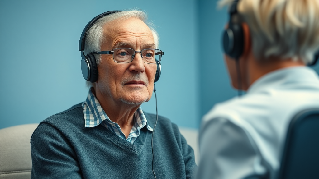 thoughtful older adult hearing test audiologist clinic improve hearing naturally