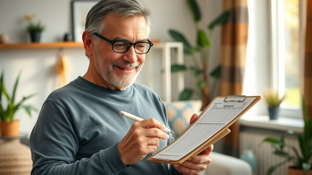 Middle-aged adult tracking timeline to get rid of fat stomach on a fitness chart at home.