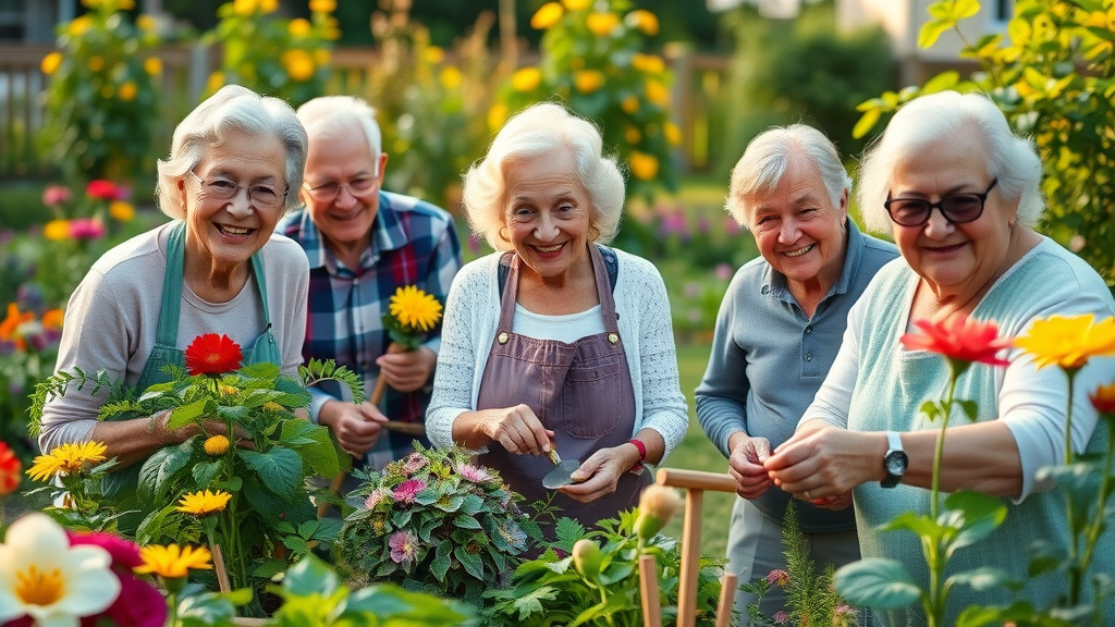 happy seniors gardening together outdoors for healthy aging strategies