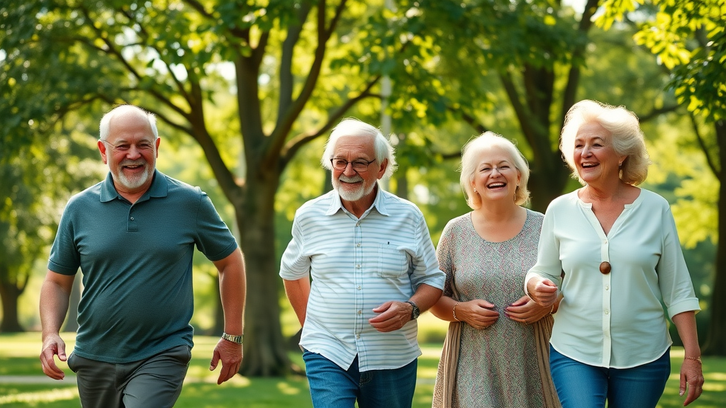 sleep habits of older adults, smiling family group of older adults walking in park, healthy and active